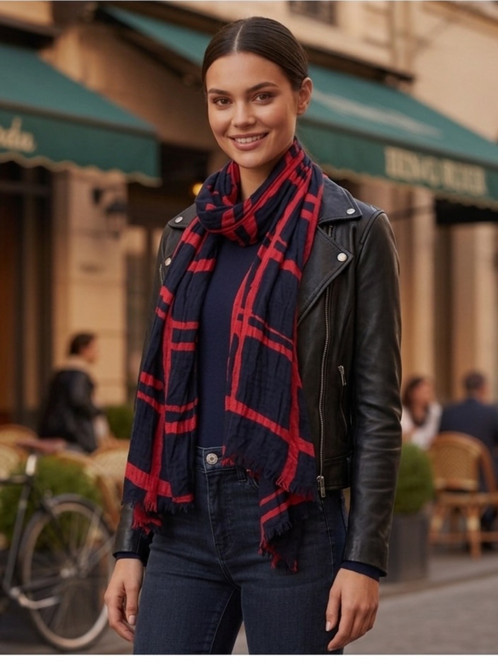 Banana Republic Navy Blue And Red Windowpane Plaid Shawl Scarf